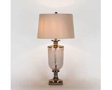 Bellevue Glass Nickel Lamp With White Linen Shade - OWDU0003W
